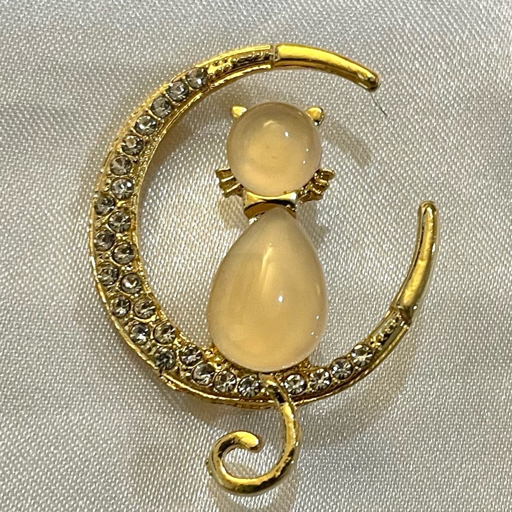 Gild Tone Brooch Pin Champagne Cat Sitting On Crescent Moon